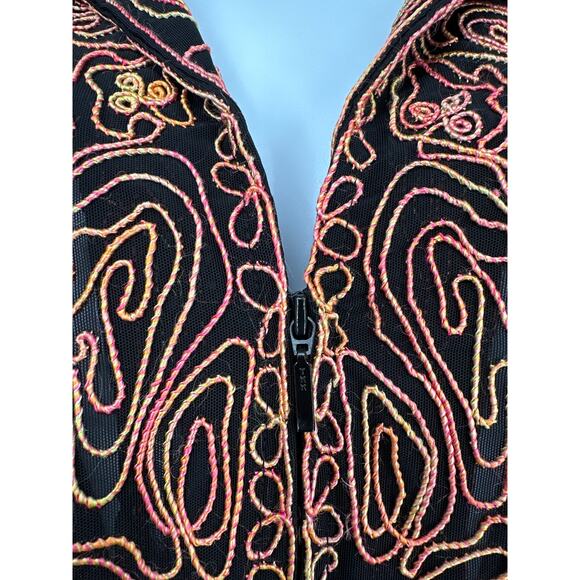 Y2K Vintage Jacket Womens XL Black Mesh Pink Yellow Abstract Zip Sheer Stretch - Picture 3 of 7